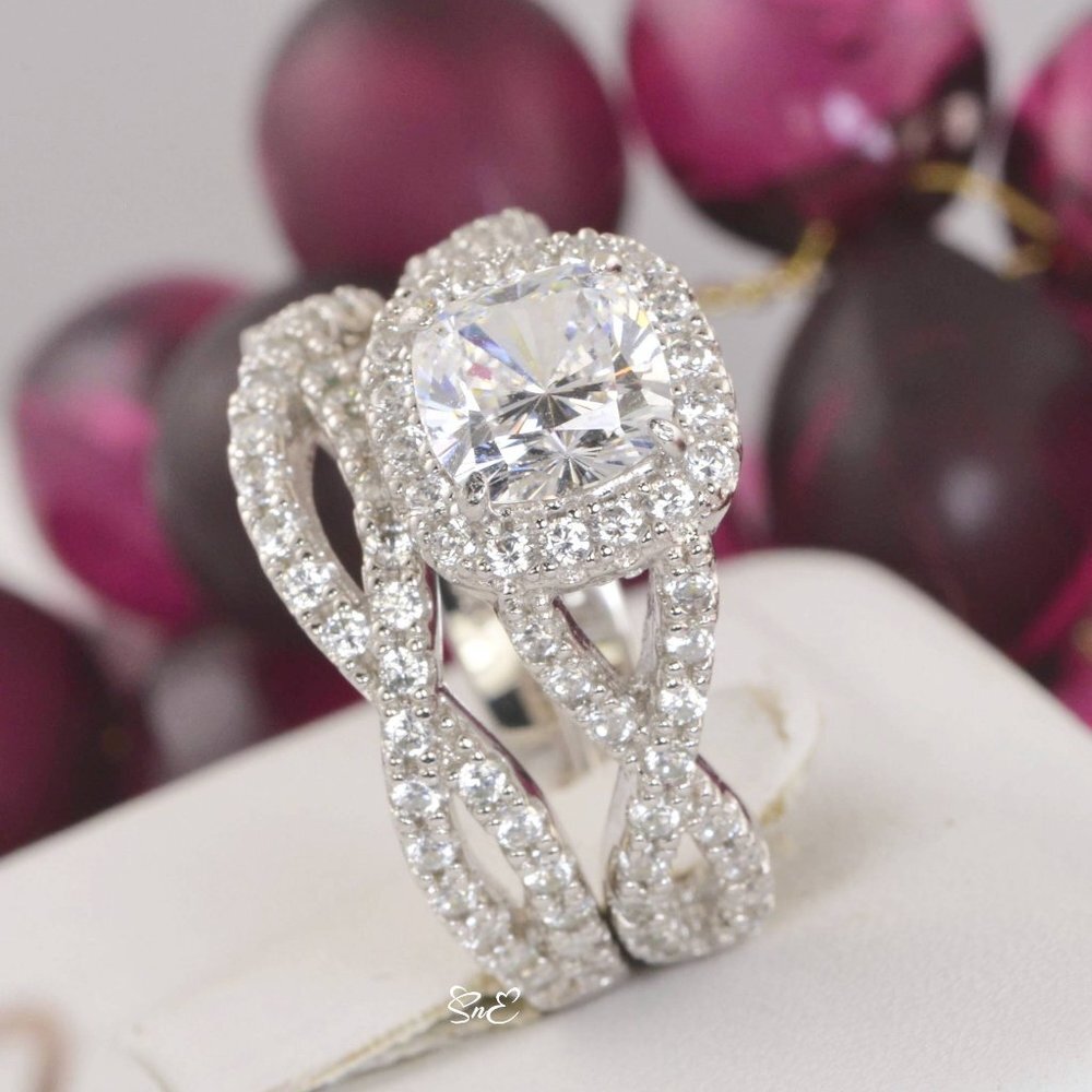 14k WHITE GOLD 925 STERLING SILVER HALO CUSHION WEDDING BAND ENGAGEMENT RING